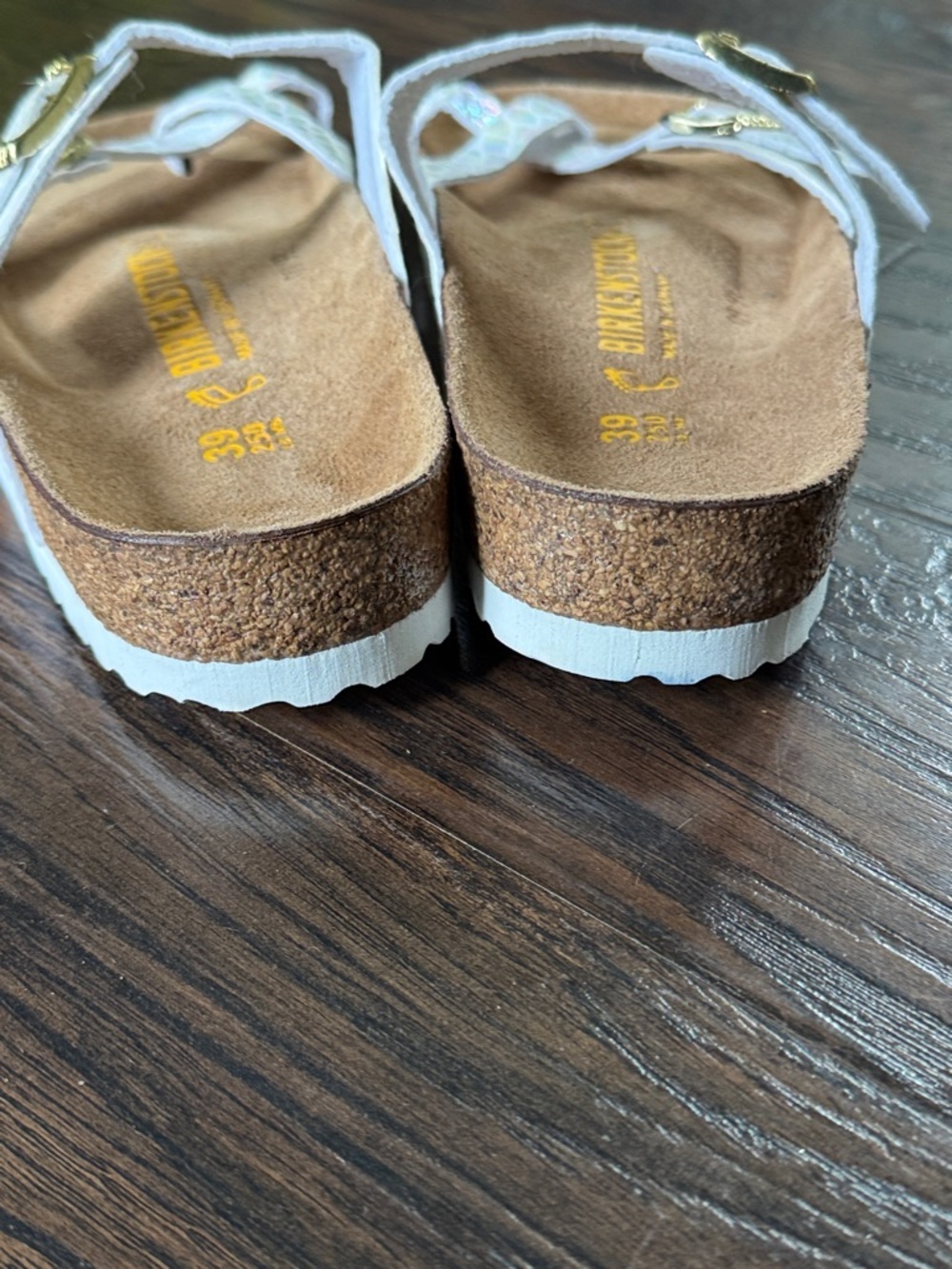 Birkenstock Iridescent White Multi-Print Sandals with Gold Buckles, Like New - Picture 6 of 14